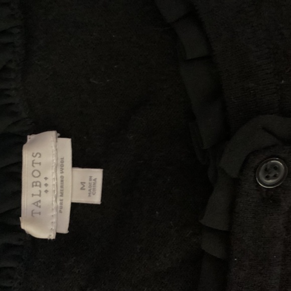 Talbots Pure Merino Wool Black cardigan sweater ruffled collar and front Med - Picture 4 of 10